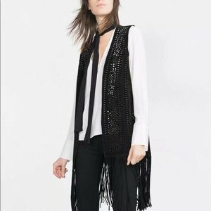 Zara long black waistcoat fringe leather vest
